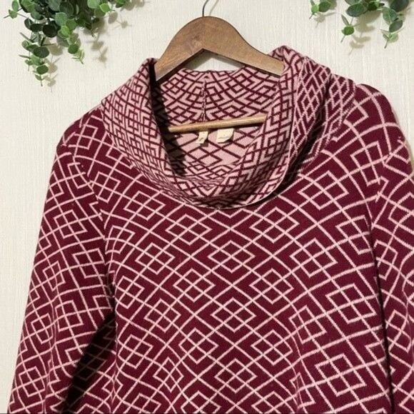 Anthropologie Moth Large Galena Sweater Red Cream Geometric Cowl Neck Alpaca - Picture 3 of 12
